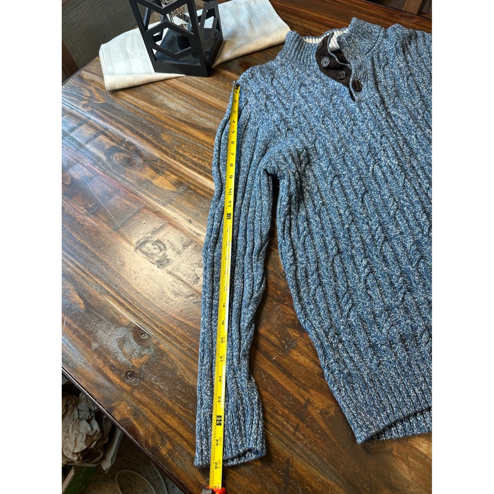 Tasso Elba Mens Blue Marled Cable Knit Mock Neck Button Cotton Sweater Large - Picture 5 of 8